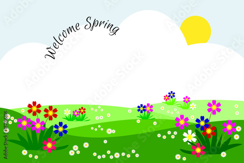 Illustration vector wild flower field. picture in  Hello and welcome spring concept . Beautiful landscape of green grass and tiny flower in the nature. Illustration of spring- related time. 