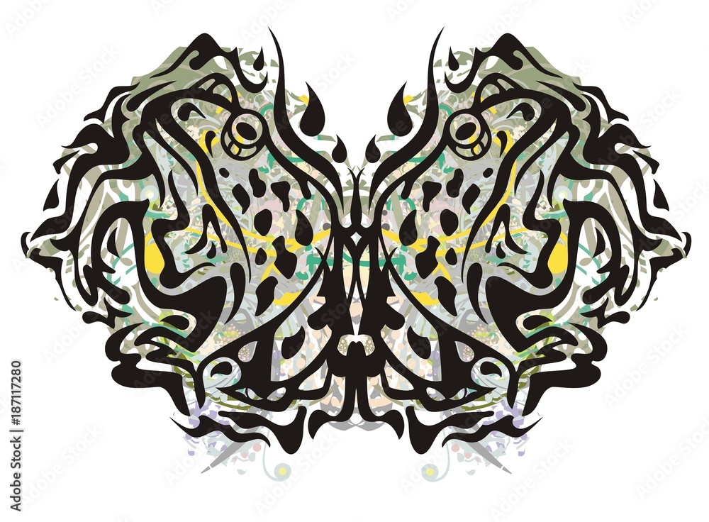 Fototapeta premium Grunge butterfly formed by toads. Tribal fantastic butterfly created in marsh shades of color with decorative elements