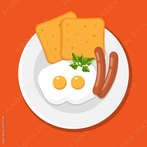 Fried eggs and sausages dish. Flat syle vector