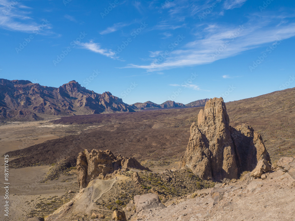 view on famous rock formation cathedral in Roques de Garcia and colorful volcanic mountain and lava desert on tenerife canary island unesco protected landscape