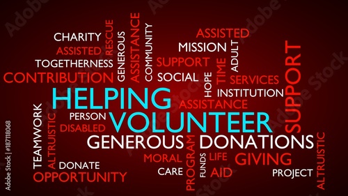Helping, volunteer, support, donations word tag cloud. 3D rendering, red variant.