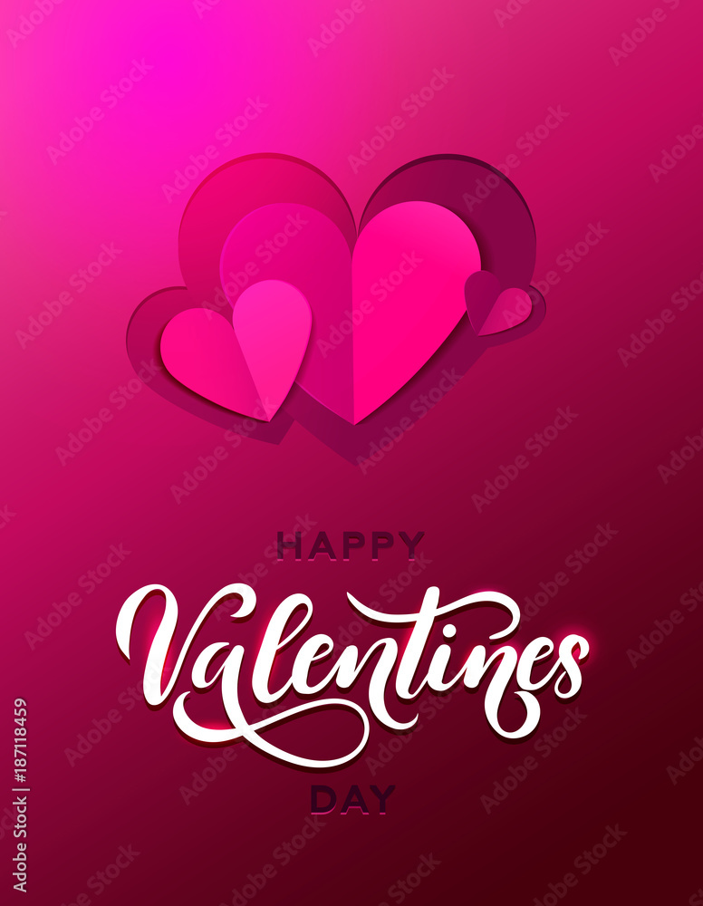 Happy Valentine's day greeting card with lettering and heart. Paper cut heart effect with calligraphy. Modern design for card or invitation. Vector illustration