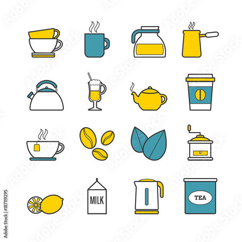 Set of vector line tea and coffee icons for web, print, mobile apps design