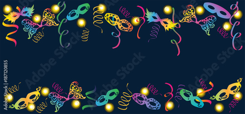 Carnival colorful frame with masks, serpentine and lights on dark background vector.