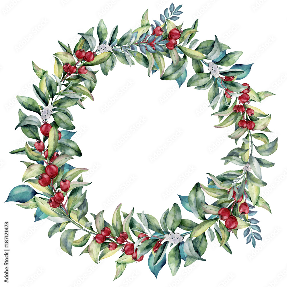Fototapeta premium Watercolor floral wreath with berries and eucalyptus. Hand painted eucalyptus branches with leaves, red and white berries isolated on white background.