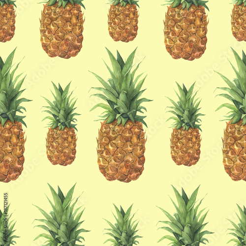 Watercolor pineapple tropical pattern. Hand painted tropical fruit with leaves isolated on yellow background. Food botanical illustration for design or print.