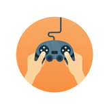 Hands holding gamepad - flat icon. Leisure gamer vector concept.