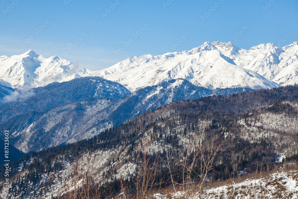 Panoramic view on snow winter mountains. Caucasus Mountains. Svaneti region of Georgia