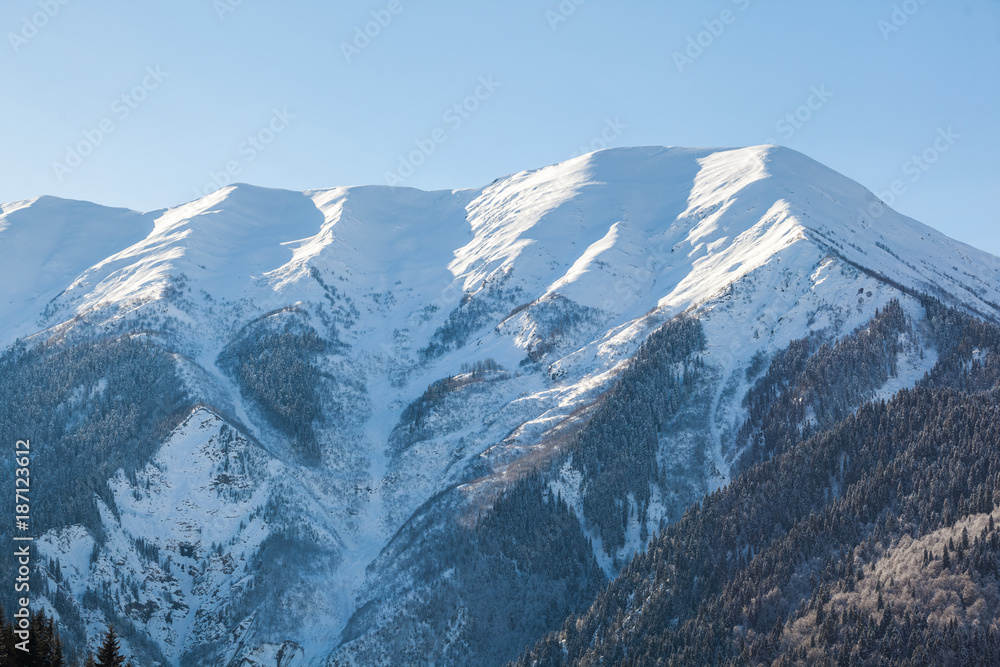 Panoramic view on snow winter mountains. Caucasus Mountains. Svaneti region of Georgia