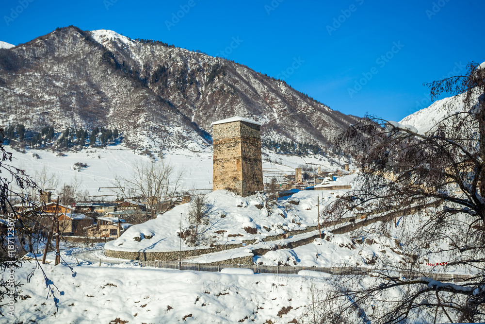 Medieval towers in Mestia in the Caucasus Mountains, Upper Svaneti, Georgia