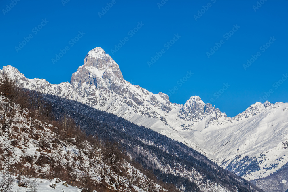 Peak of mount Ushba in Caucasus Mountains, Svanetia region in Georgia