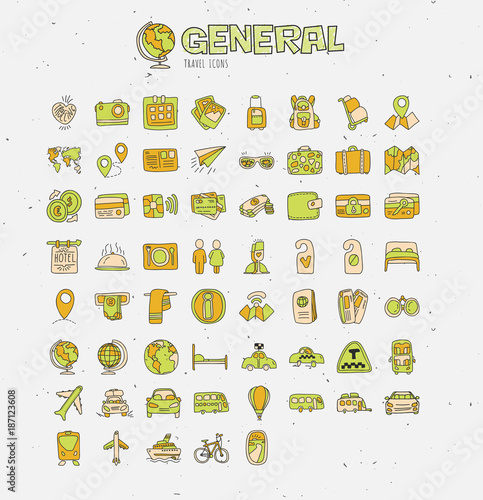 Travel hand draw icons. Icon lined cartoon collection about adventure, outdoor activivies, beach, summer, travelling, get a vacation. Traveling icon set about transport, hotels, resorts, money