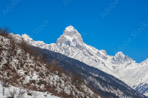 Peak of mount Ushba in Caucasus Mountains  Svanetia region in Georgia