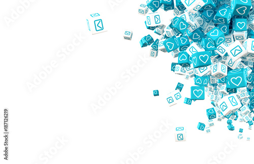 Blue and white falling cubes with icons simulating social networking icons. 3d illustration