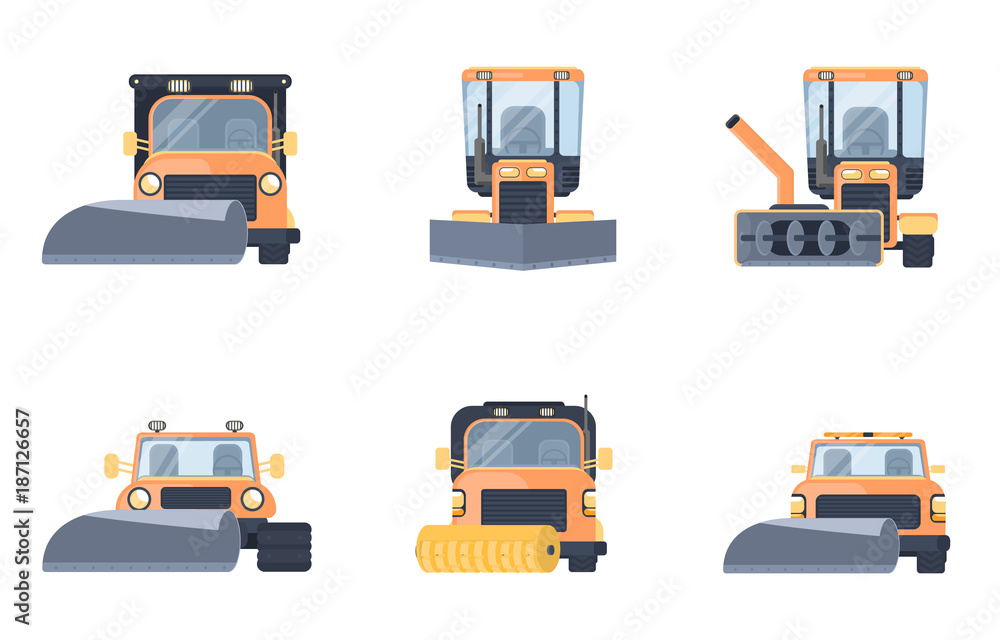 Set of snow removal car or machine for highway service. Snow grooming machine. Flat vector illustration.