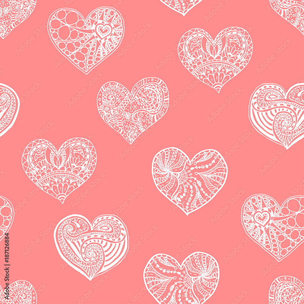 Vector seamless pattern from doodle hand drawn heart. White hearts on pink background. Background for Saint Valentines Day. Symbol of love. Heart in zentangle style.