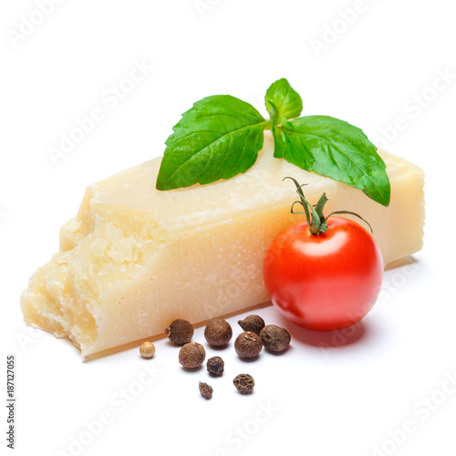 pieces of Parmesan cheese on white background