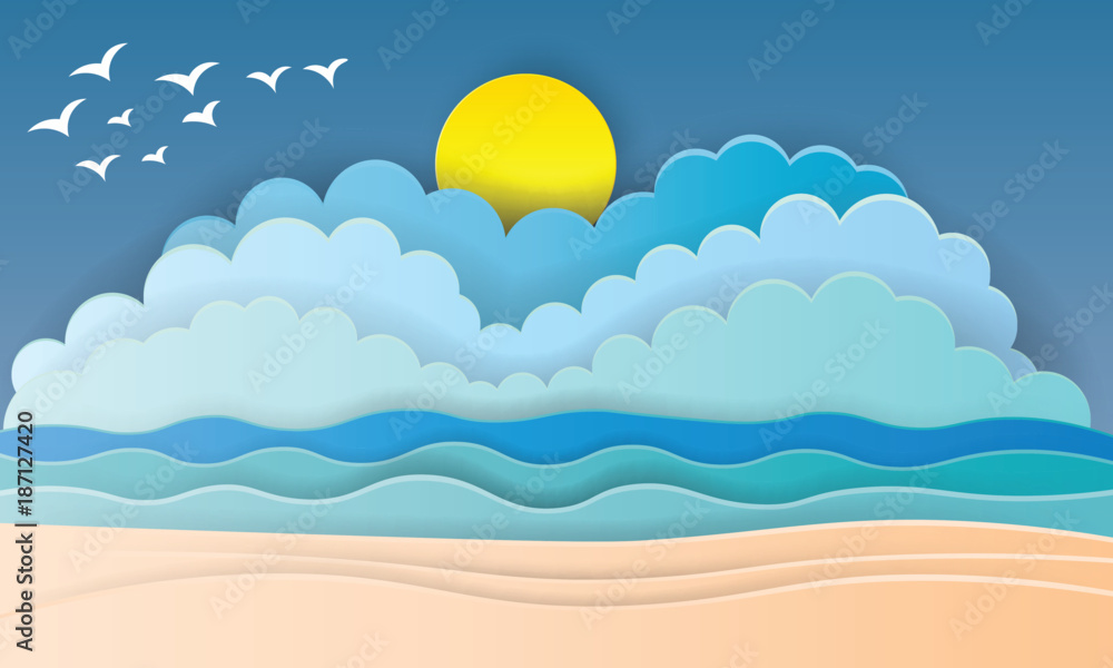 Beautiful beach paper art style with frame vector illustration Beautiful beach paper art style with frame vector illustration