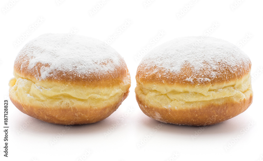 Traditional doughnuts (Sufganiyah) isolated on white background two fresh baked with powered sugar without hole. Traditional doughnuts (Sufganiyah) isolated on white background two fresh baked with powered sugar without hole.