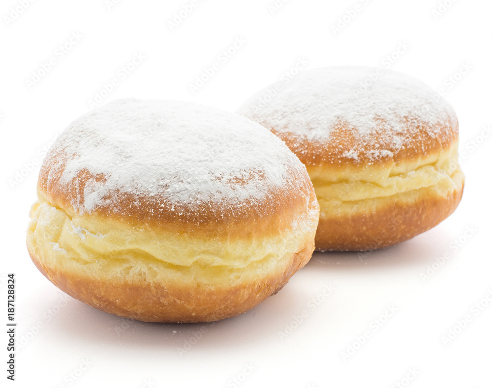Traditional doughnuts (Sufganiyah) isolated on white background two fresh baked with powered sugar and without hole. Traditional doughnuts (Sufganiyah) isolated on white background two fresh baked with powered sugar and without hole.