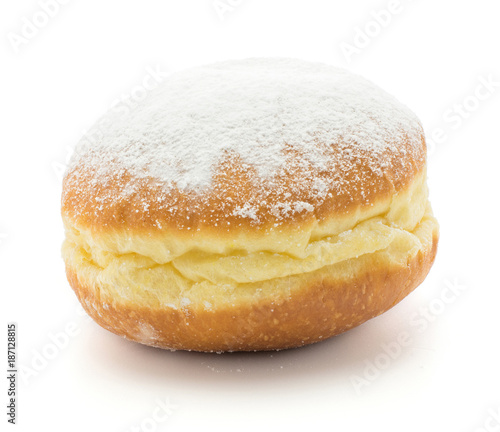 Traditional doughnut (Sufganiyah) isolated on white background one fresh baked with powered sugar and without hole. photo