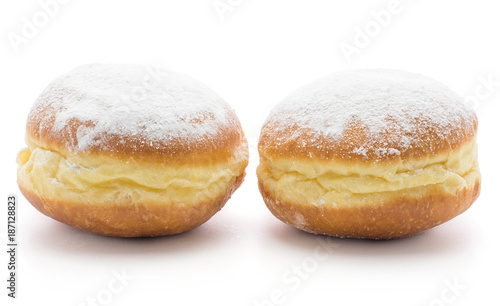 Traditional doughnuts (Sufganiyah) isolated on white background two fresh baked with powered sugar without hole.