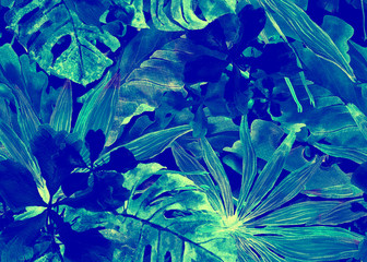 Acrylglasbilder Dunkelblaue Muster Tropisches Aquarell Palmen Hibiskus Muster  © Vialeta