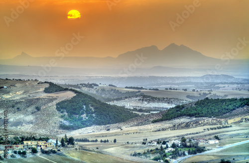 Sunset above hills in North-West Tunisia near Le Kef