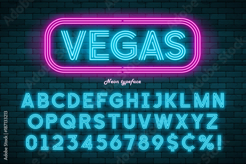 Neon light alphabet, realistic extra glowing font