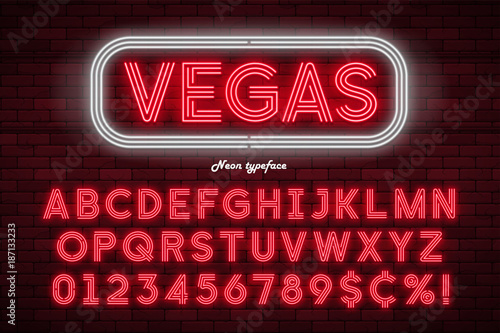 Neon light alphabet, realistic extra glowing font