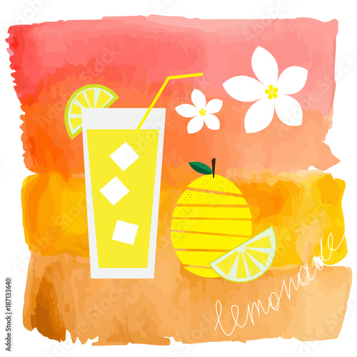 Illustration with lemon and lemonade in a glass