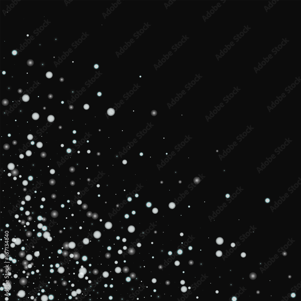 Beautiful falling snow. Scattered bottom left corner with beautiful falling snow on black background. Ravishing Vector illustration.