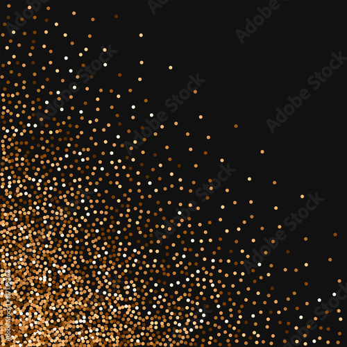 Red round gold glitter. Scattered bottom left corner with red round gold glitter on black background. Good-looking Vector illustration.