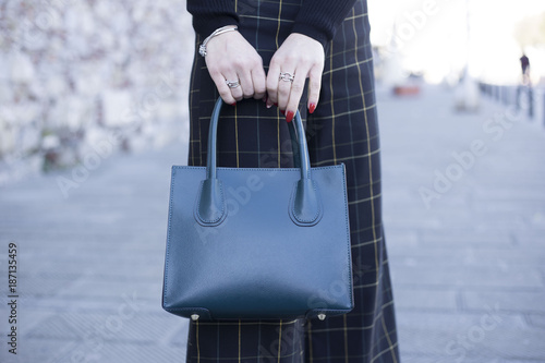 Borsa tra le mani di una donna in strada photo