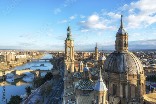 Panoramic view of Zaragoza and bridges on Ebro River from the Cathedral-Basilica of Our Lady of the Pillar, Spain.