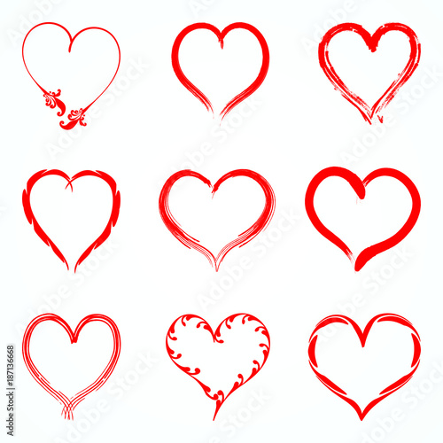 Set of red vector hearts from the outline of different brushes