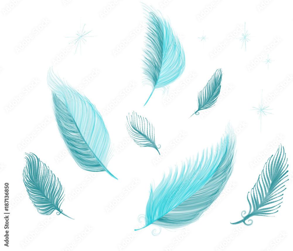 Colorful hand drawn abstract set of texture blue feathers on white background, isolated design illustration hand painted by paper pencil chalk, high quality Colorful hand drawn abstract set of texture blue feathers on white background, isolated design illustration hand painted by paper pencil chalk, high quality