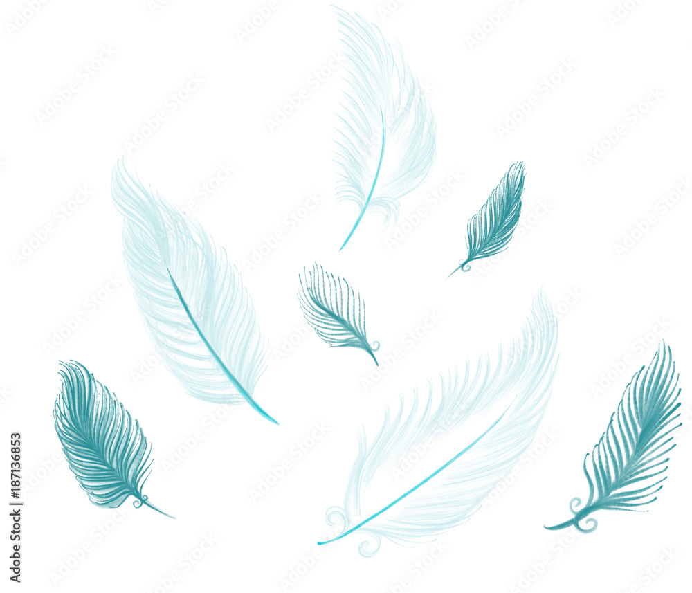 Colorful hand drawn abstract set of texture blue feathers on white background, isolated design illustration hand painted by paper pencil chalk, high quality Colorful hand drawn abstract set of texture blue feathers on white background, isolated design illustration hand painted by paper pencil chalk, high quality