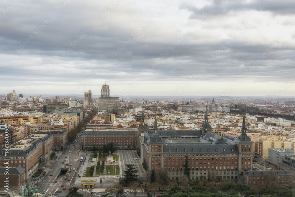 Panoramic view of Madrid, Spain. Dramatic sky.