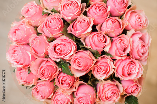 elegant bouquet of roses rose-coloured close up on white background