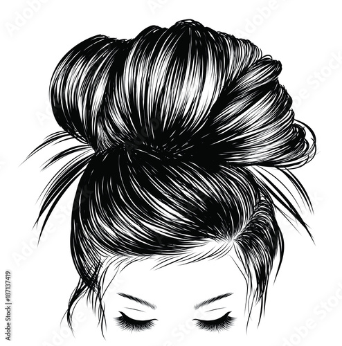 Hand-drawn beauty woman with luxurious cute bun hairstyle. Idea for card typography vector.Wedding style