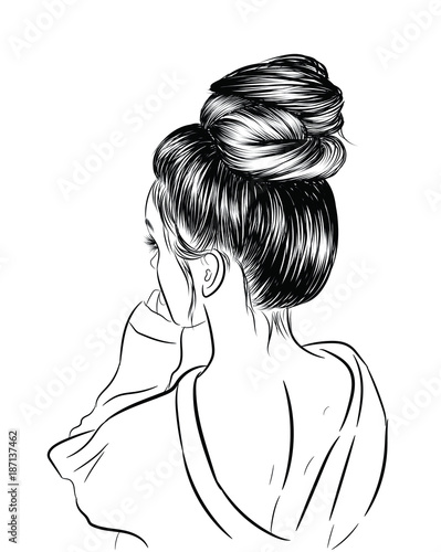 Hand-drawn beauty woman with luxurious cute bun hairstyle. Idea for card typography vector.Wedding style