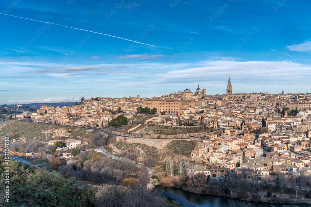 Toledo Skyline, cathedral and the (Tajo) tagus river. UNESCO world heritage site.