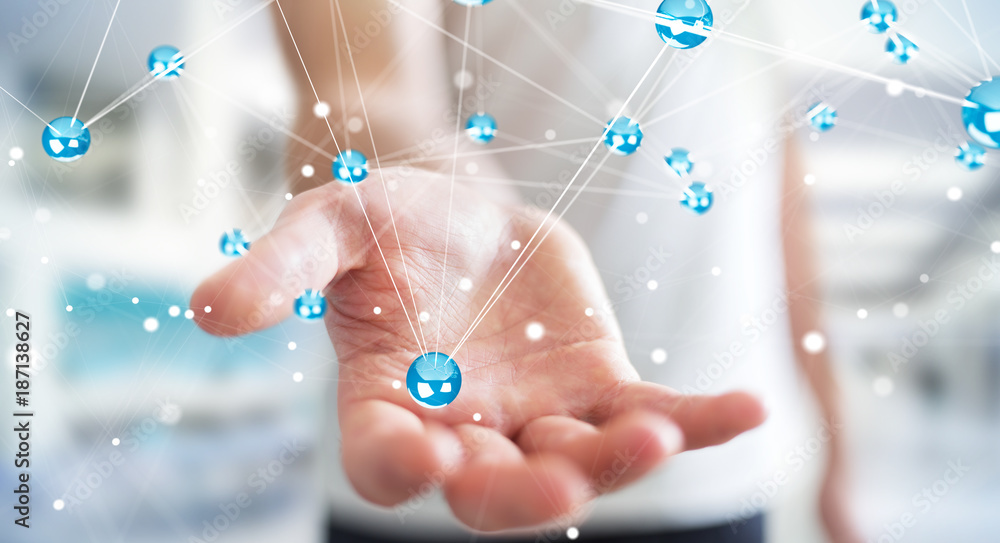 Businesman using flying network balls connection 3D rendering Businesman using flying network balls connection 3D rendering