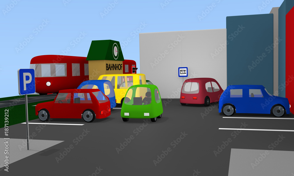 Parkplatz mit ein- und aus parkenden Autos und Parkplatzschildern. Parkplatz mit ein- und aus parkenden Autos und Parkplatzschildern.