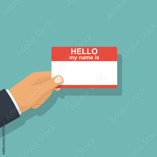 Card in hand. Hello my name is. Template for presentation. Personal Identify card hold in hand businessman. Vector illustration flat design. Isolated on white background. Blank text.