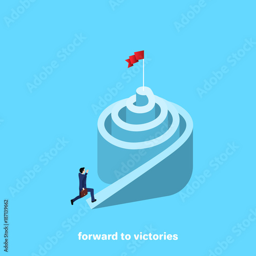 a man in a business suit is running up a spiral, an isometric image