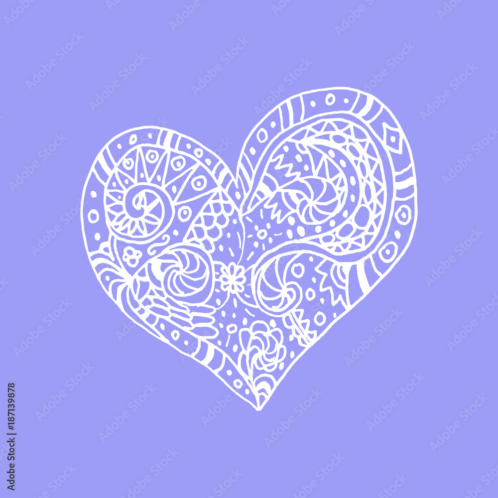 Vector doodle hand drawn heart. White heart on violet background. Card for Saint Valentines Day. Symbol of love. Heart in zentangle style.