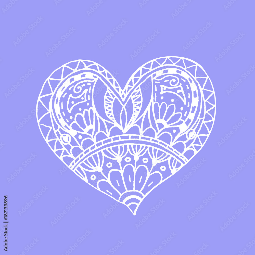 Vector doodle hand drawn heart. White heart on violet background. Card for Saint Valentines Day. Symbol of love. Heart in zentangle style.
