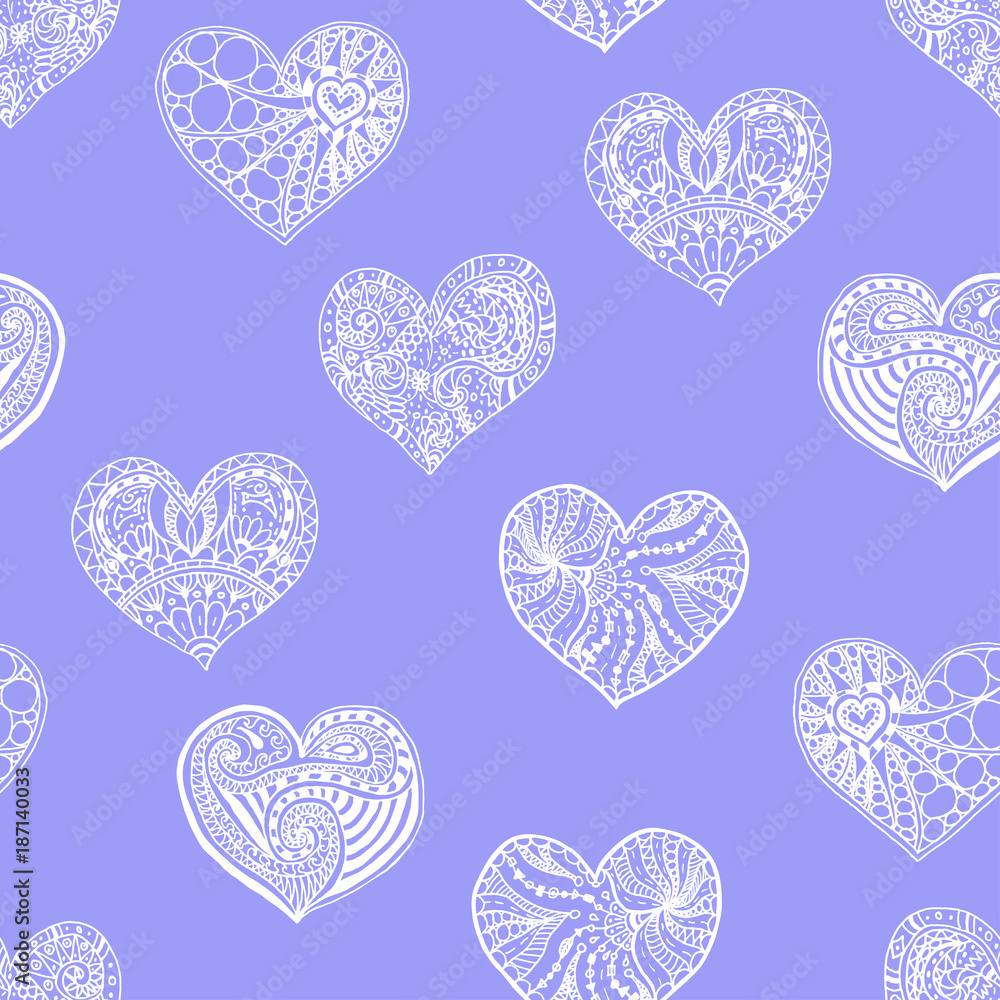 Vector seamless pattern from doodle hand drawn heart. White hearts on violet background. Background for Saint Valentines Day. Symbol of love. Heart in zentangle style. Vector seamless pattern from doodle hand drawn heart. White hearts on violet background. Background for Saint Valentines Day. Symbol of love. Heart in zentangle style.
